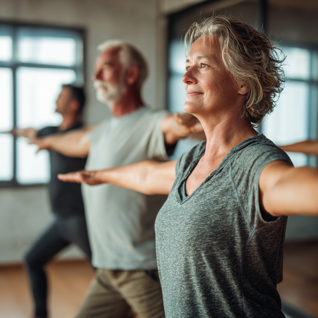 Middle-aged adults practicing mindful movement exercises in a calm studio setting