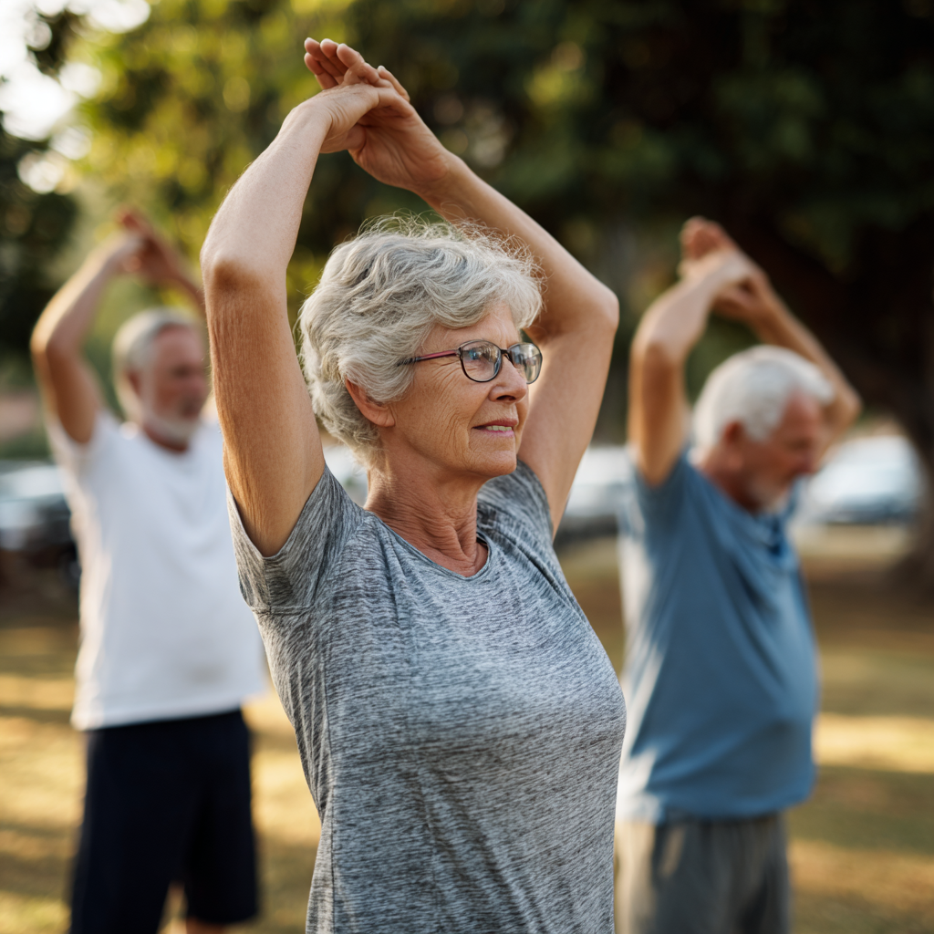 Older adults engaging in balanced functional exercises outdoors